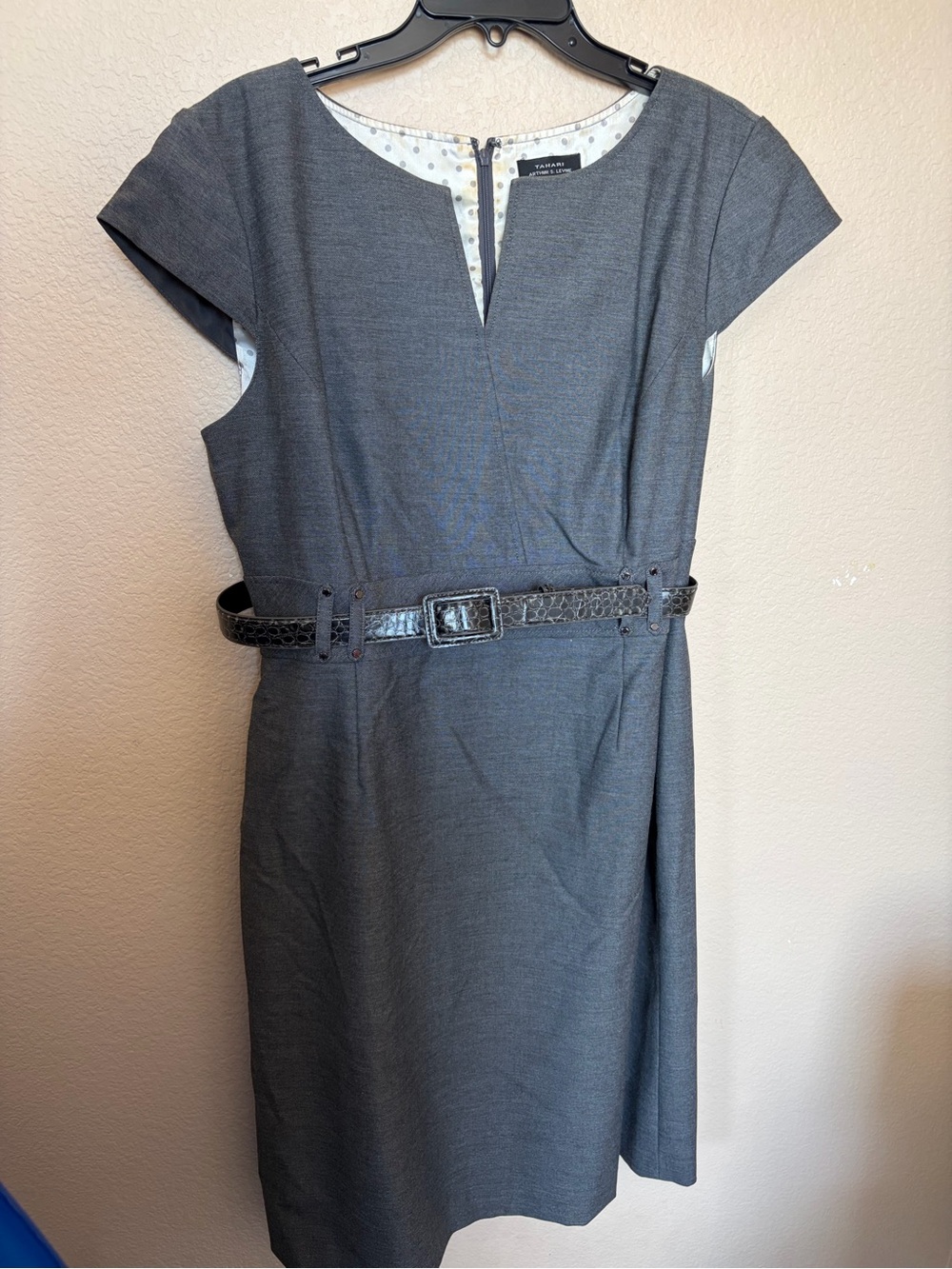 Classic Grey Cap-Sleeve Sheath Dress with Belt